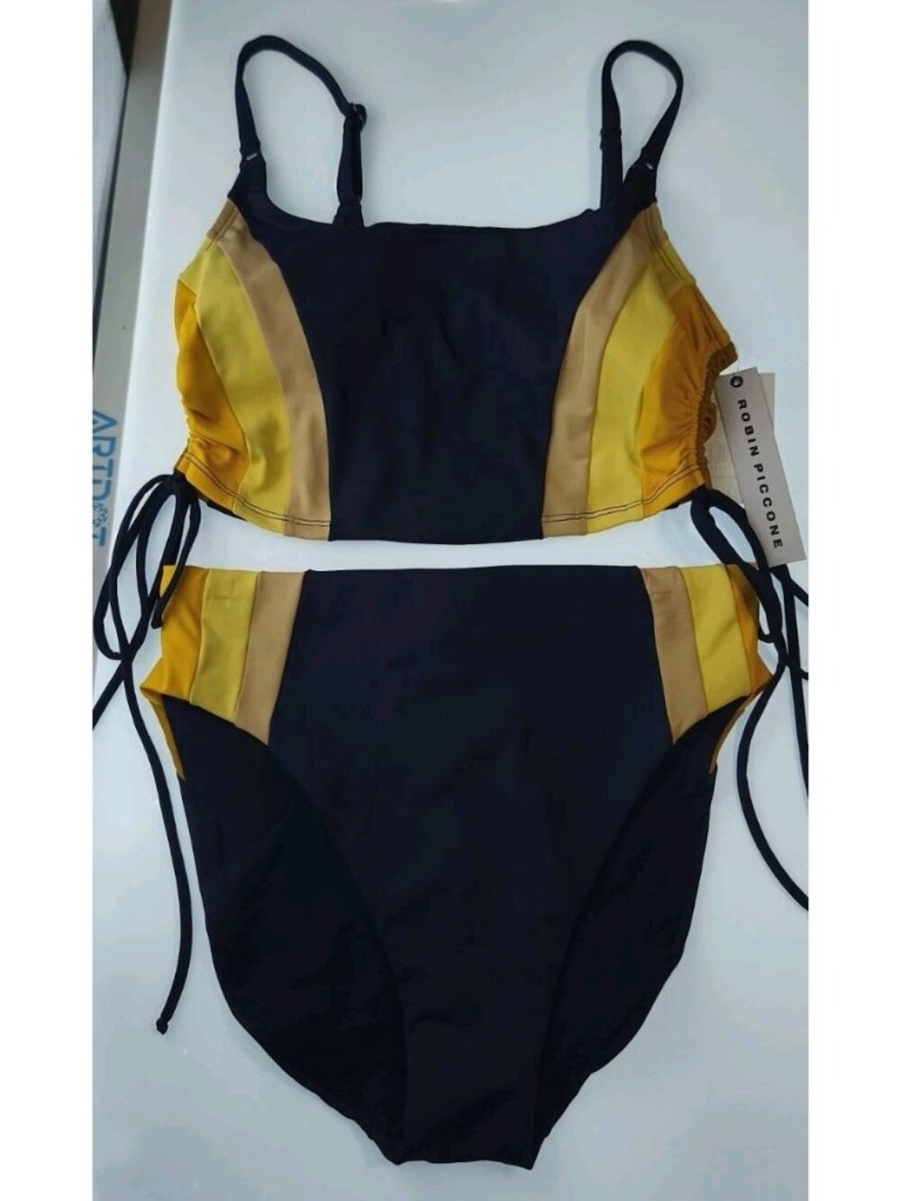 Robin Piccone NWT Bikini Set M Navy Yellow Colorblock Halter Top Side Tie Bottom